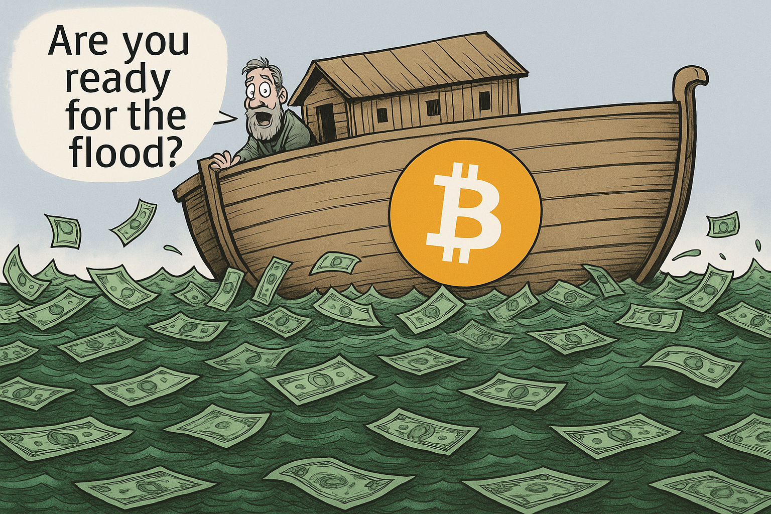 Bitcoin Boat comic with a flood of money
